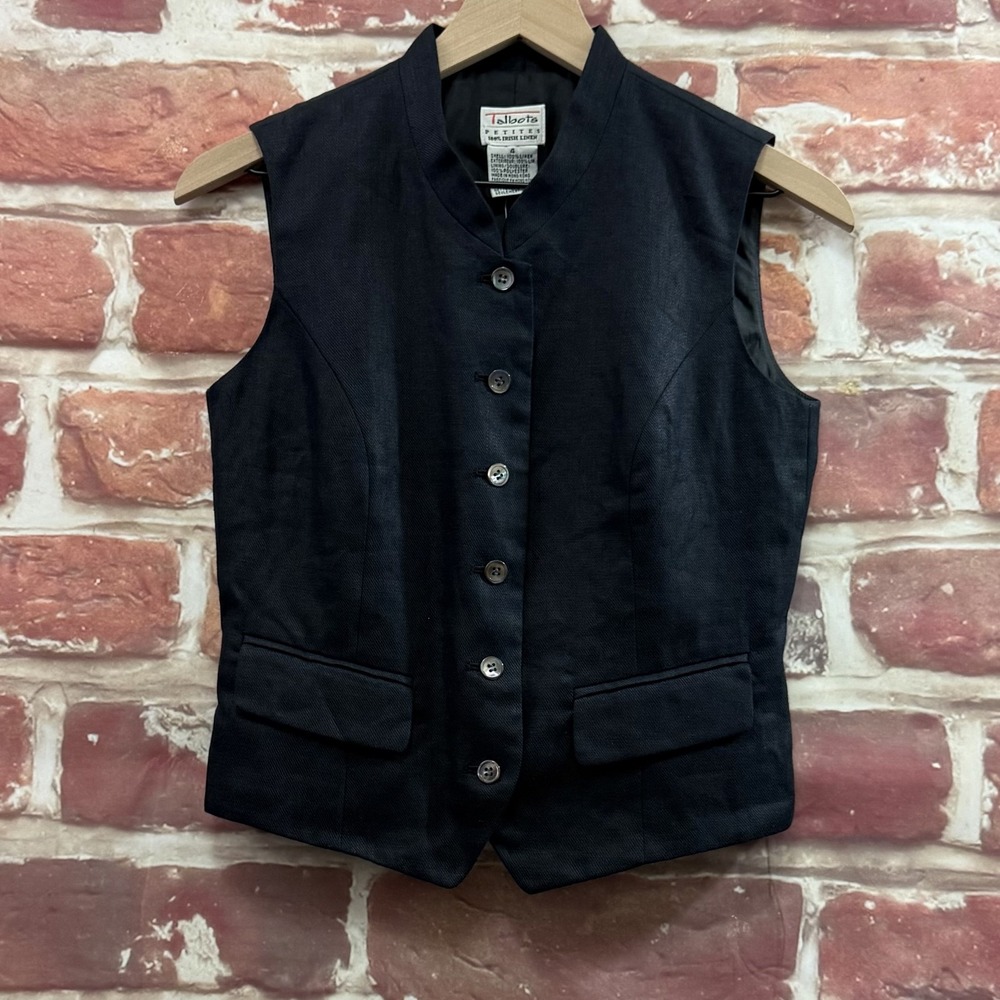 Vintage Talbots Vest Jacket Womens 4P Black 100% Irish Linen Button Front Blazer